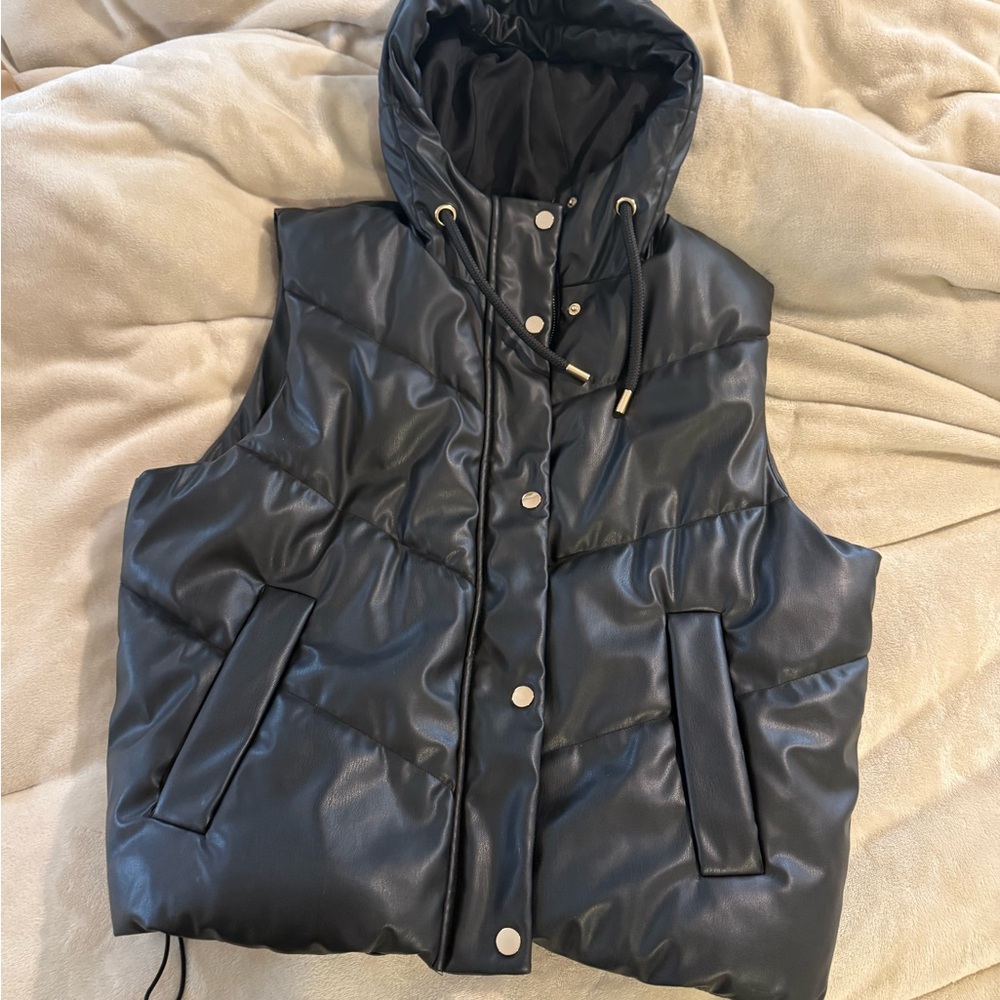 Zara Black Faux Leather Puffer Vest with Hood